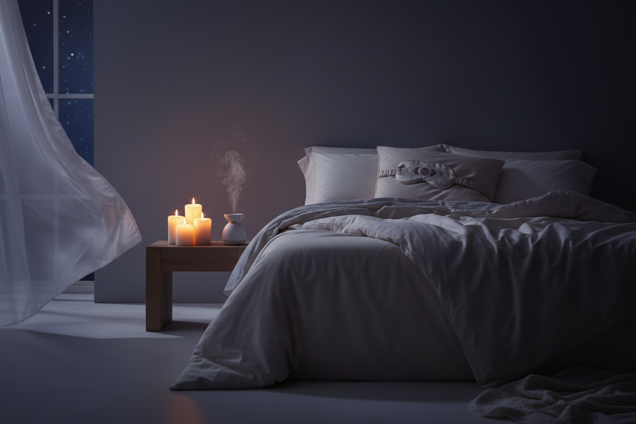 night, bed, mask, calm, soft candle light